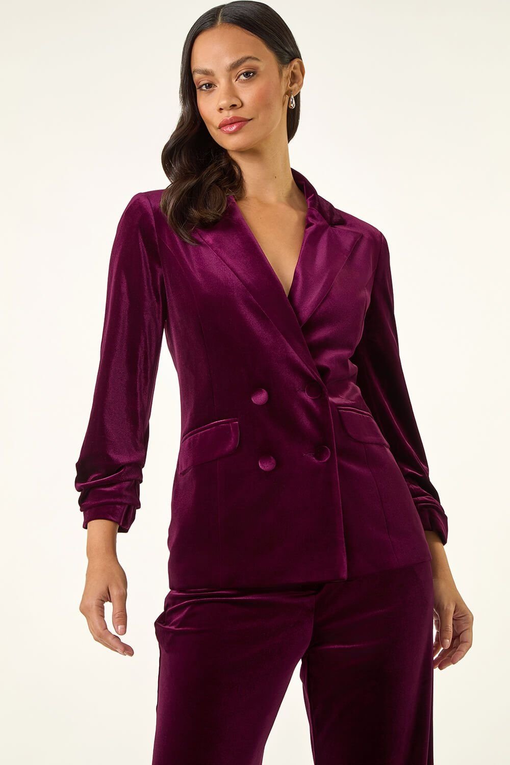 Dusk Dusk Women's Double Breasted Velvet Blazer in Burgundy - 4