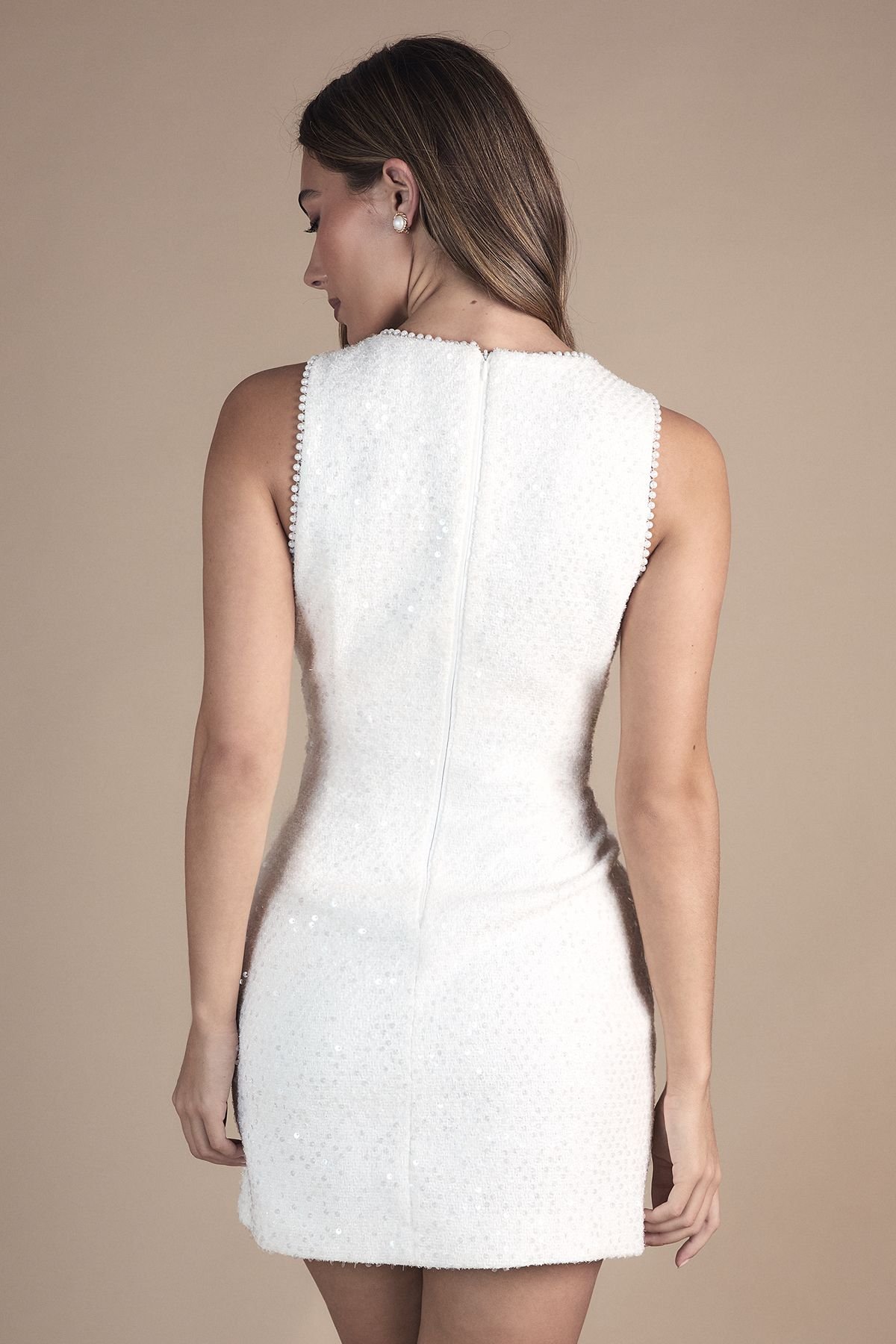 Coast Coast Women's Sequin Tweed Mini Wedding Dress with Pearl Trim & Bow Detail in Ivory - 3