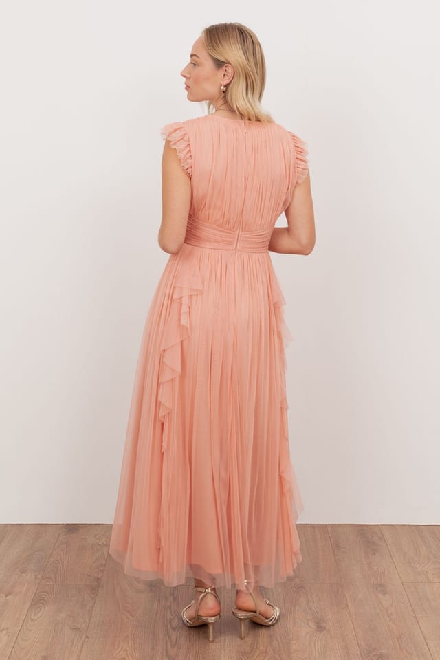 Anaya with Love Anaya with Love Women's V Neck Waterfall Ruffle Sleeveless Midaxi Dress in Peach - 2