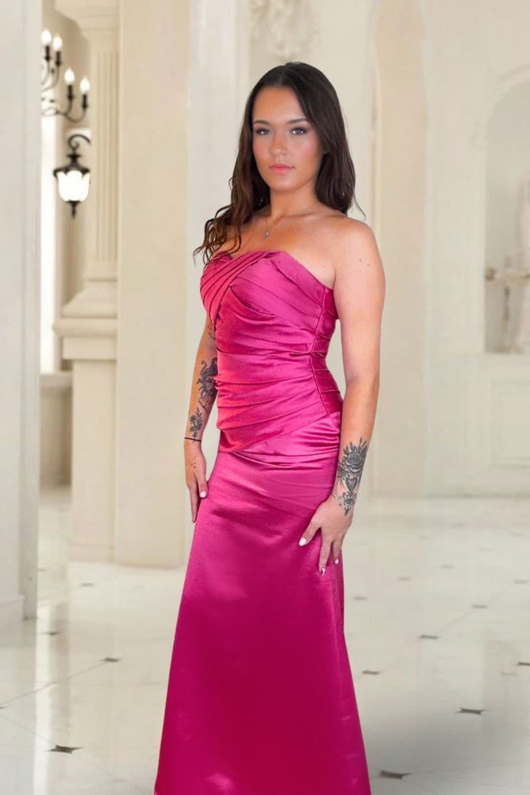 Marco Paul Marco Paul Women's Hot Pink Satin Fitted Strapless Bridesmaid Dress in Bright Pink