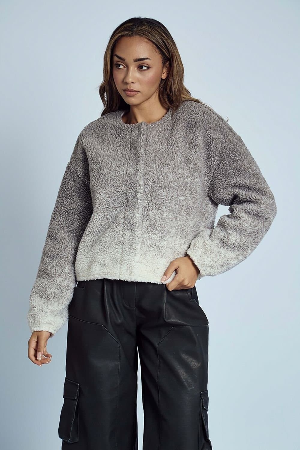 Native Youth Native Youth Women's Borg Cropped Round Neck Jacket in Grey