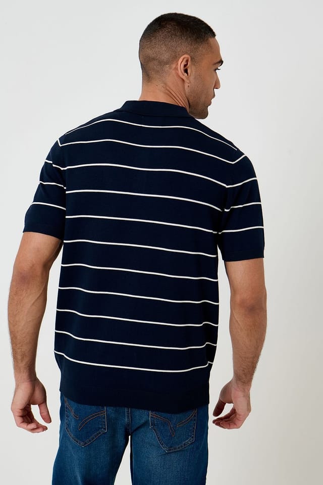 Threadbare Threadbare Men's Ribbed Stripe Knitted Polo in Navy - 2