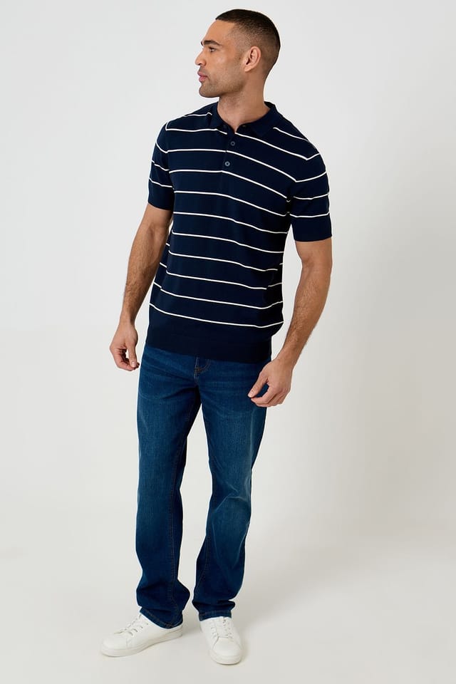 Threadbare Threadbare Men's Ribbed Stripe Knitted Polo in Navy - 3