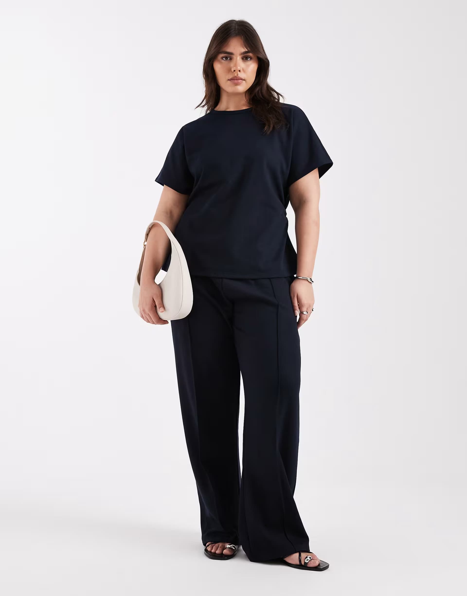 ASOS ONLY Curve ruched detail top & wide leg trousers co-ord in navy