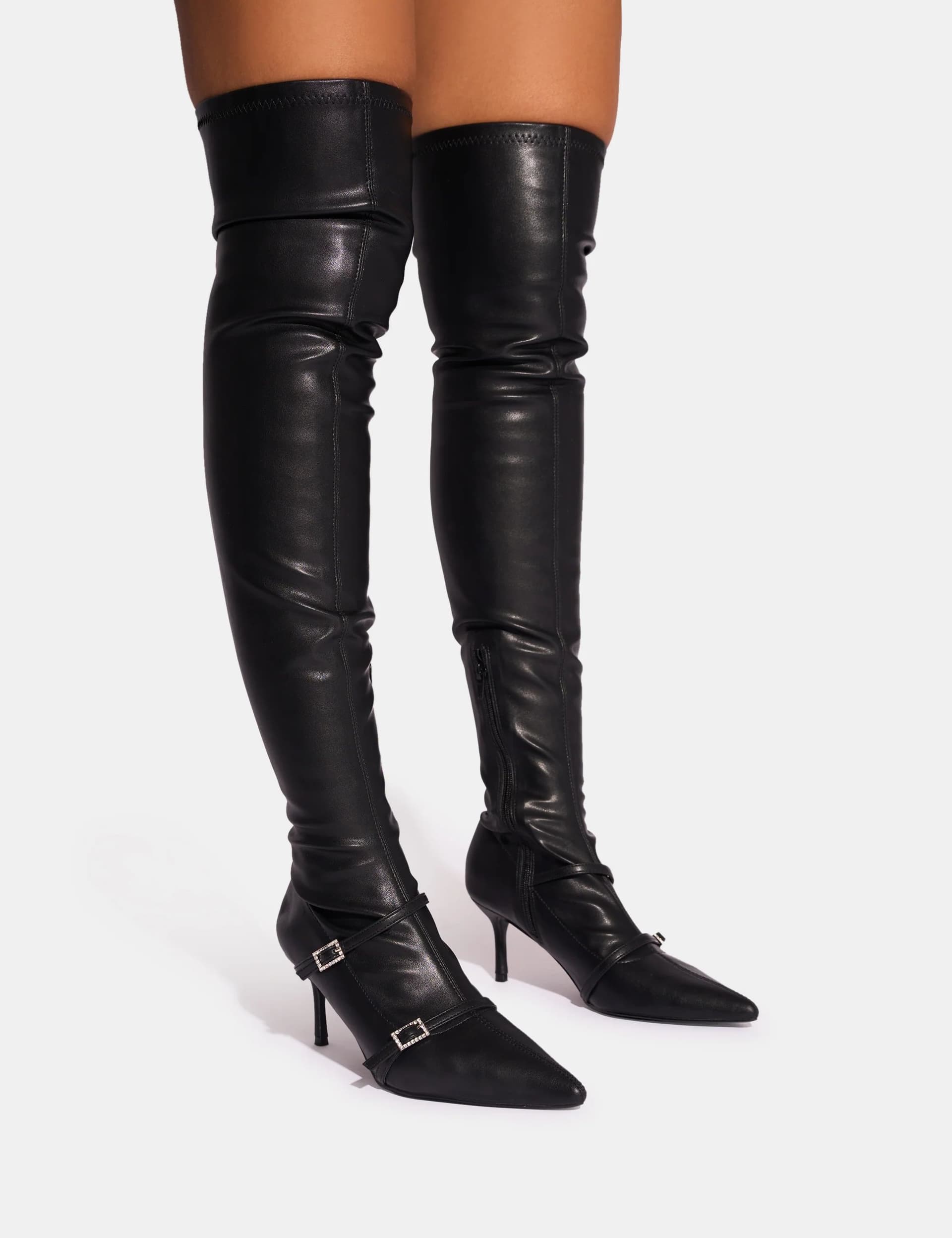 Public Desire Roulette Black Pointed Toe Diamante Buckle Mid Heel Over The Knee Sock Boots