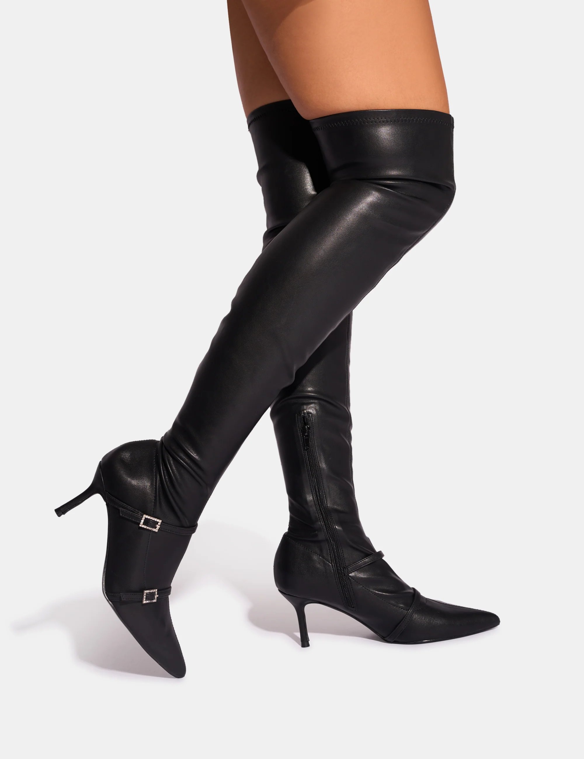 Public Desire Roulette Black Pointed Toe Diamante Buckle Mid Heel Over The Knee Sock Boots - 2