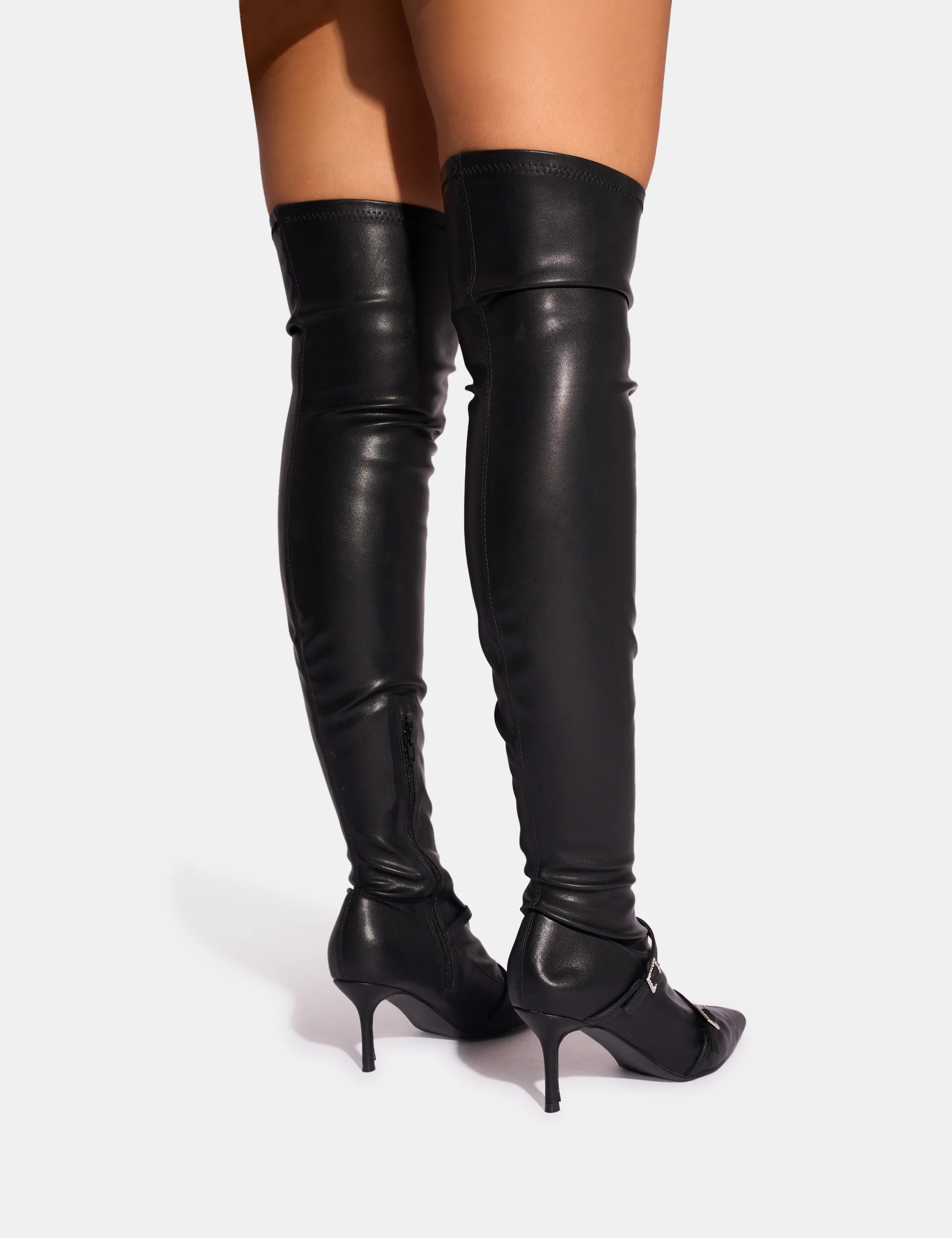 Public Desire Roulette Black Pointed Toe Diamante Buckle Mid Heel Over The Knee Sock Boots - 3