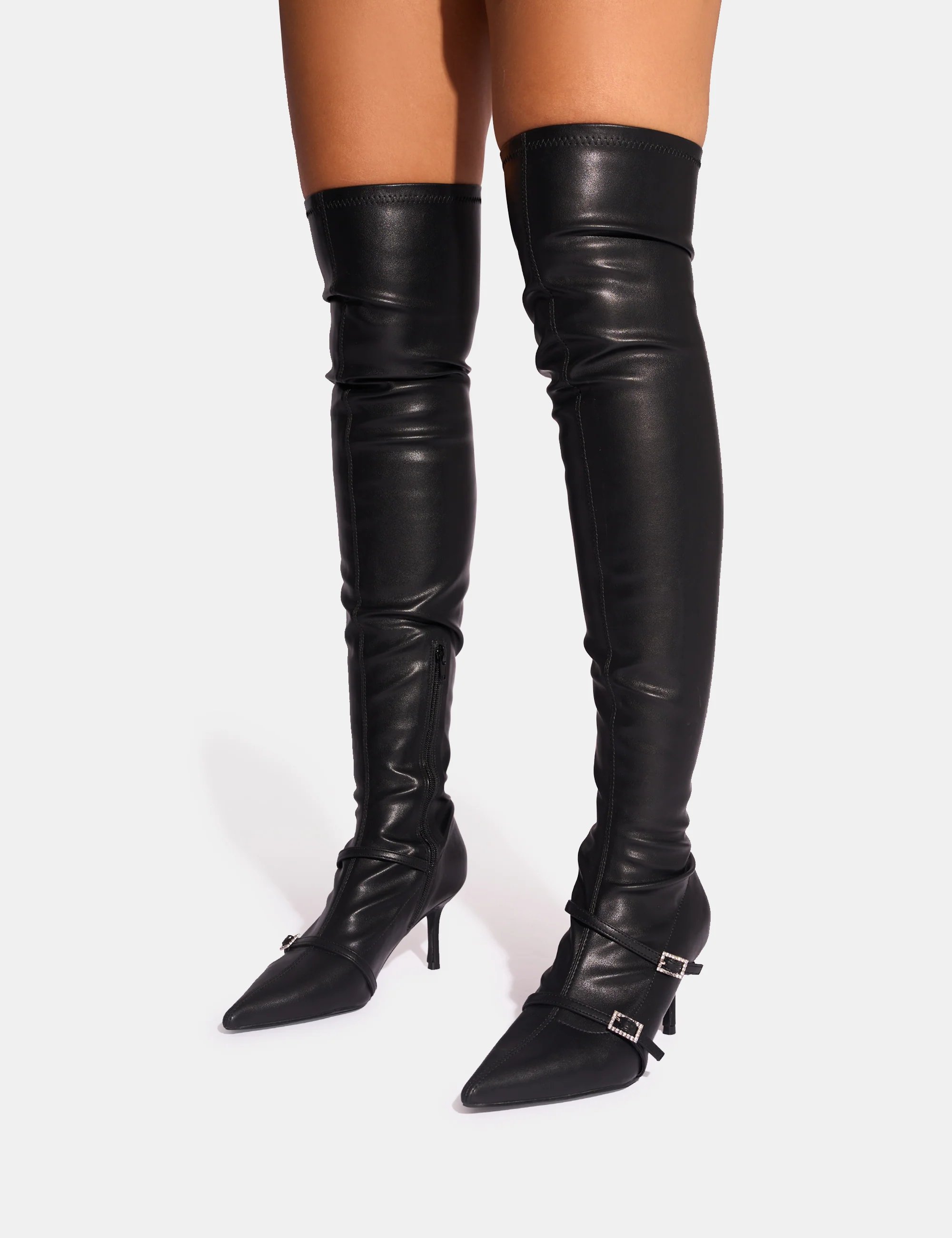 Public Desire Roulette Black Pointed Toe Diamante Buckle Mid Heel Over The Knee Sock Boots - 4