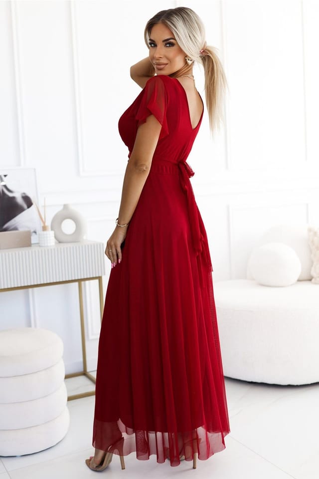 Love Lace Love Lace Women's NASTIA Long Tulle Evening Dress with Waist Bow in Red - 2