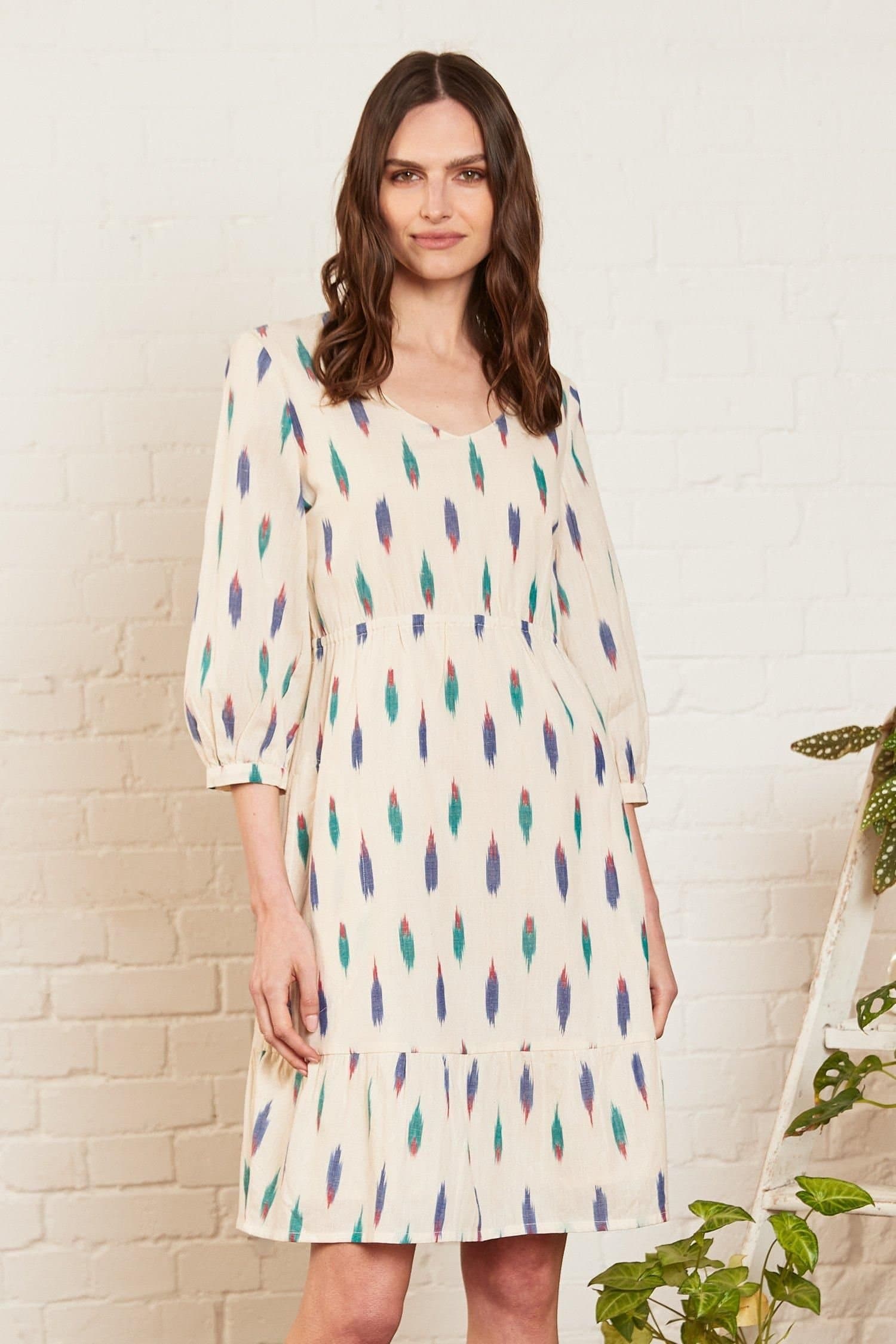 Nomads Clothing Nomads Clothing Women's Ikat Cotton Gathered Dress in Ivory