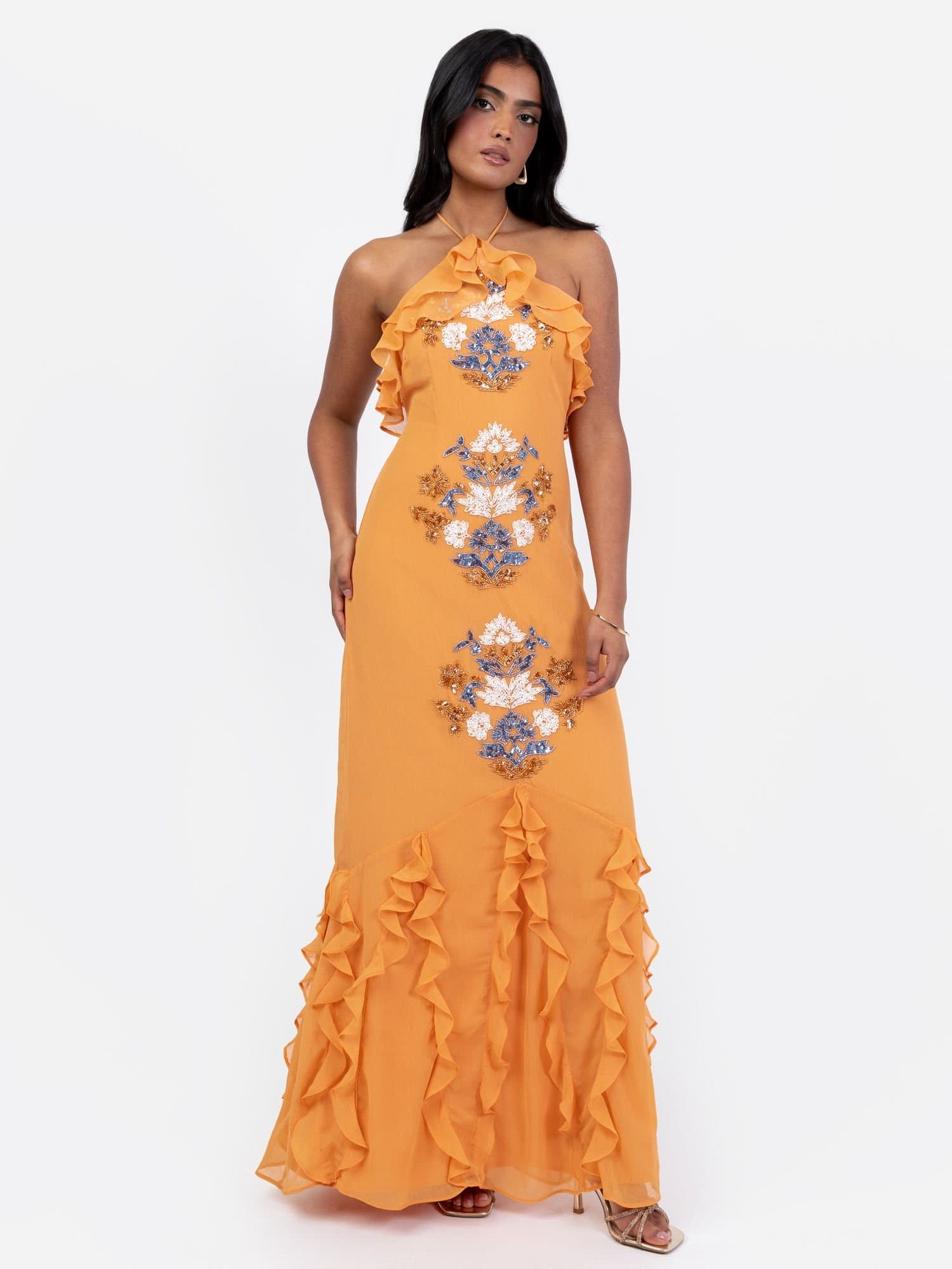Maya Deluxe Maya Deluxe Women's Embellished Halter Neck Ruffle Maxi Dress in Orange