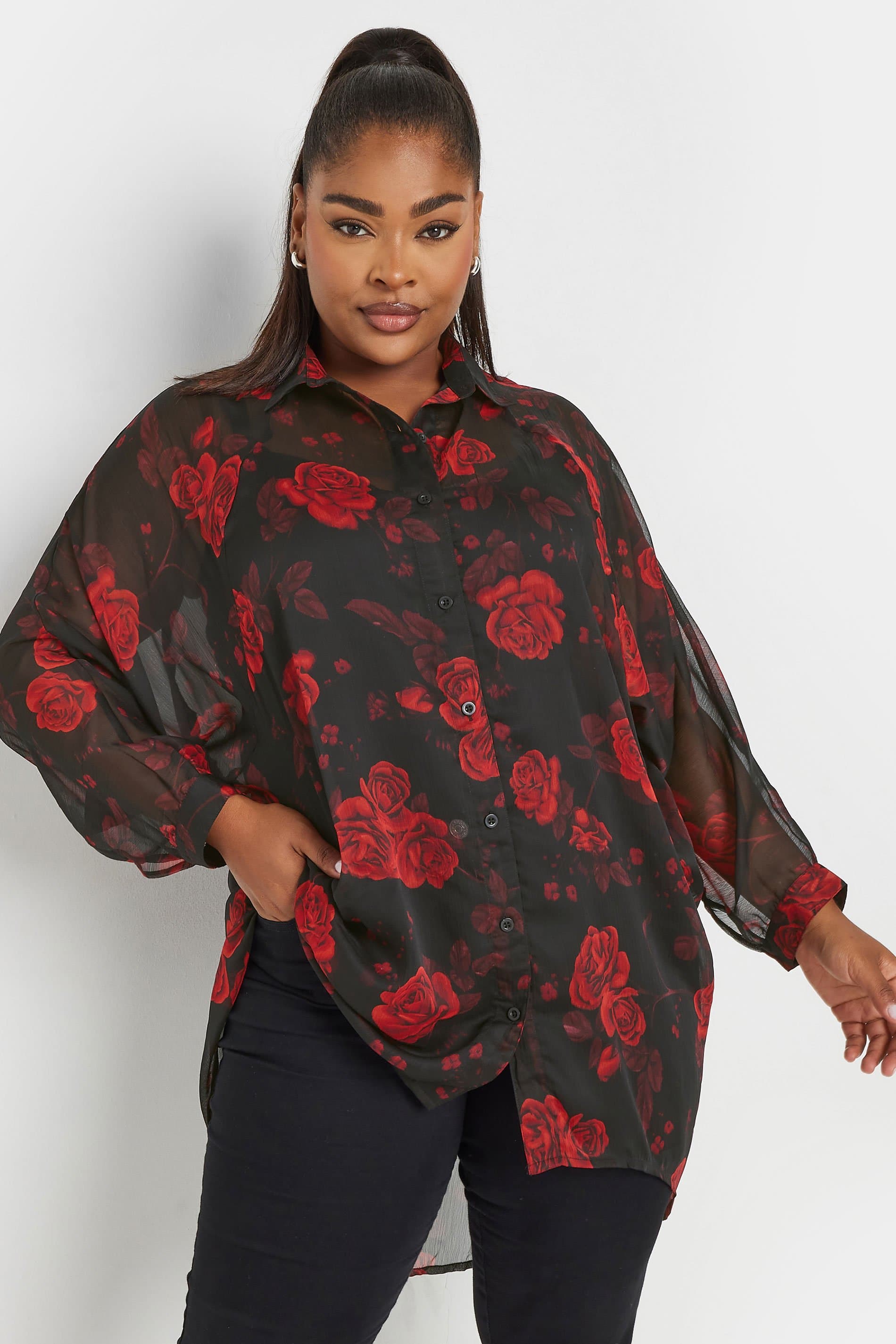 Yours Plus Size Black Floral Print Dipped Hem Shirt
