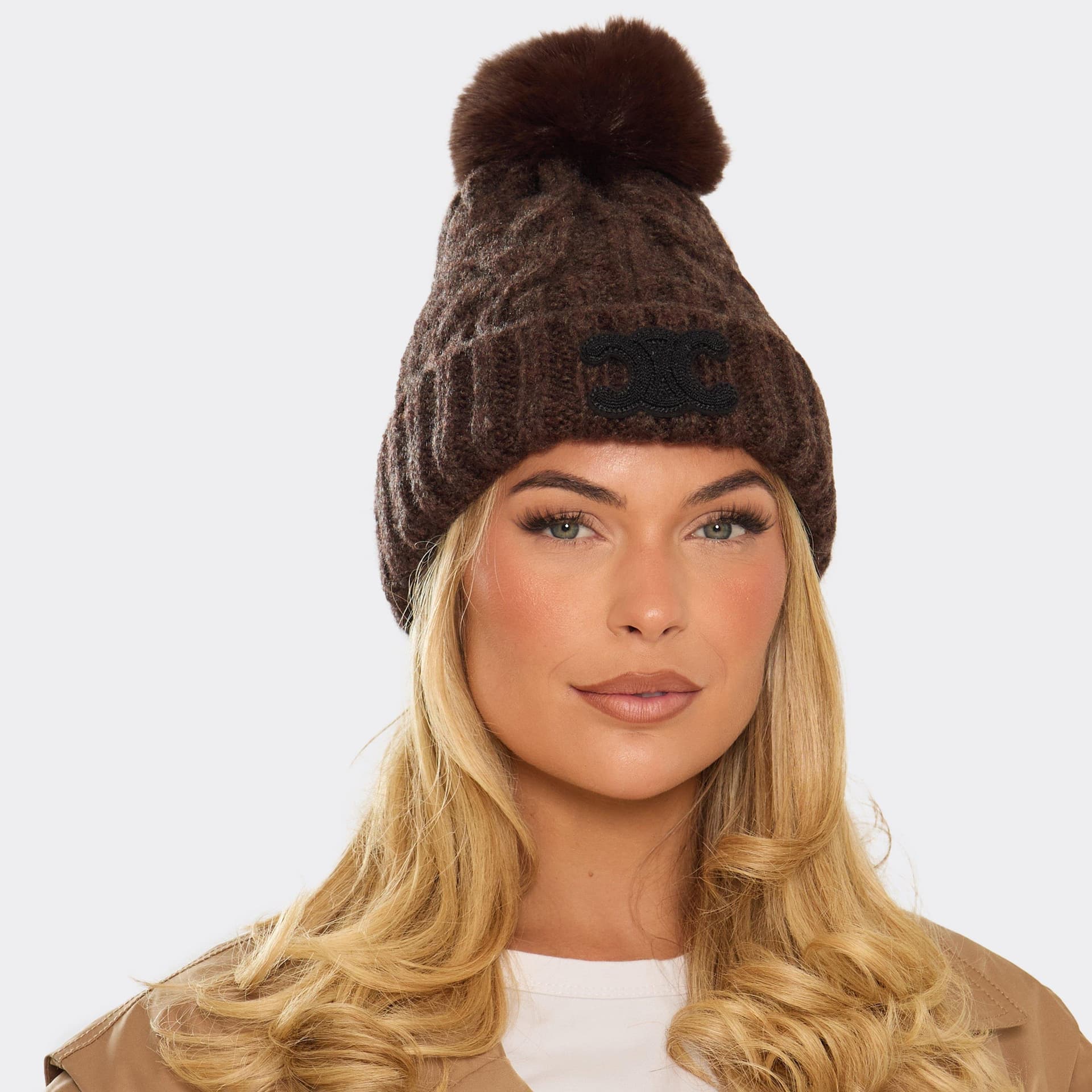 EGO Logo Detail Pom Pom Beanie Hat In Brown Cable Knit, Women's Size UK 0