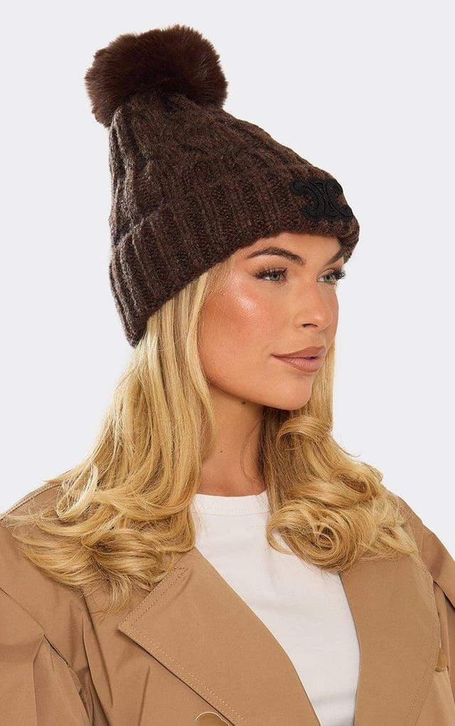 EGO Logo Detail Pom Pom Beanie Hat In Brown Cable Knit, Women's Size UK 0 - 2