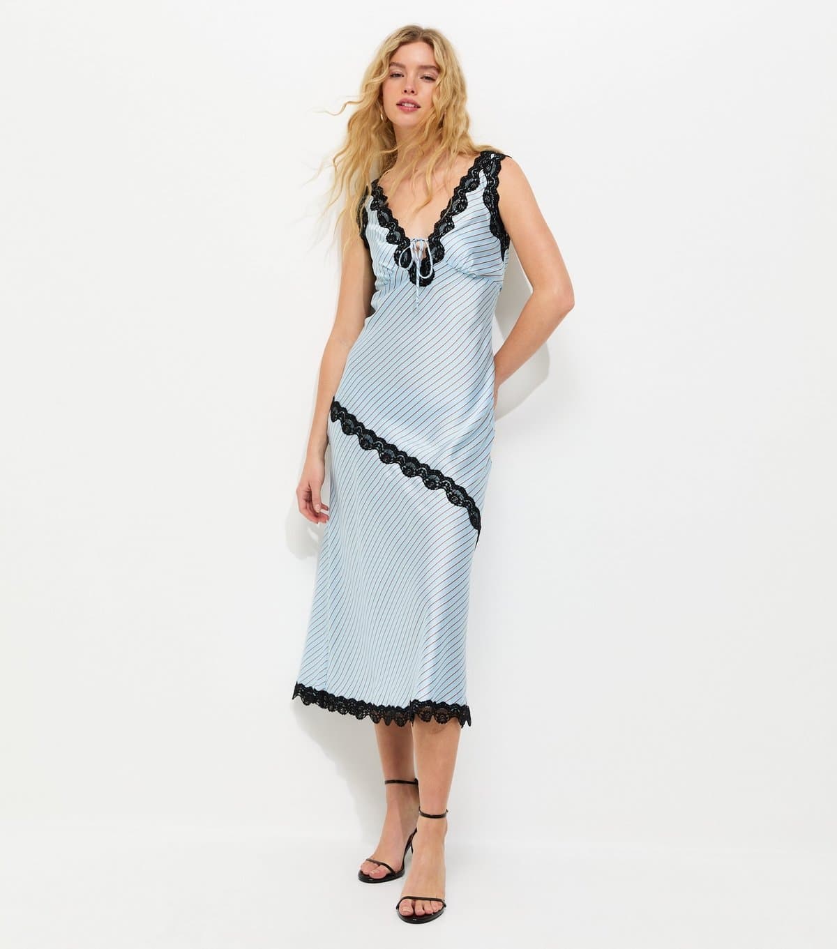 New Look Women's Blue Satin Lace Trim Sleeveless Midi Dress New Look