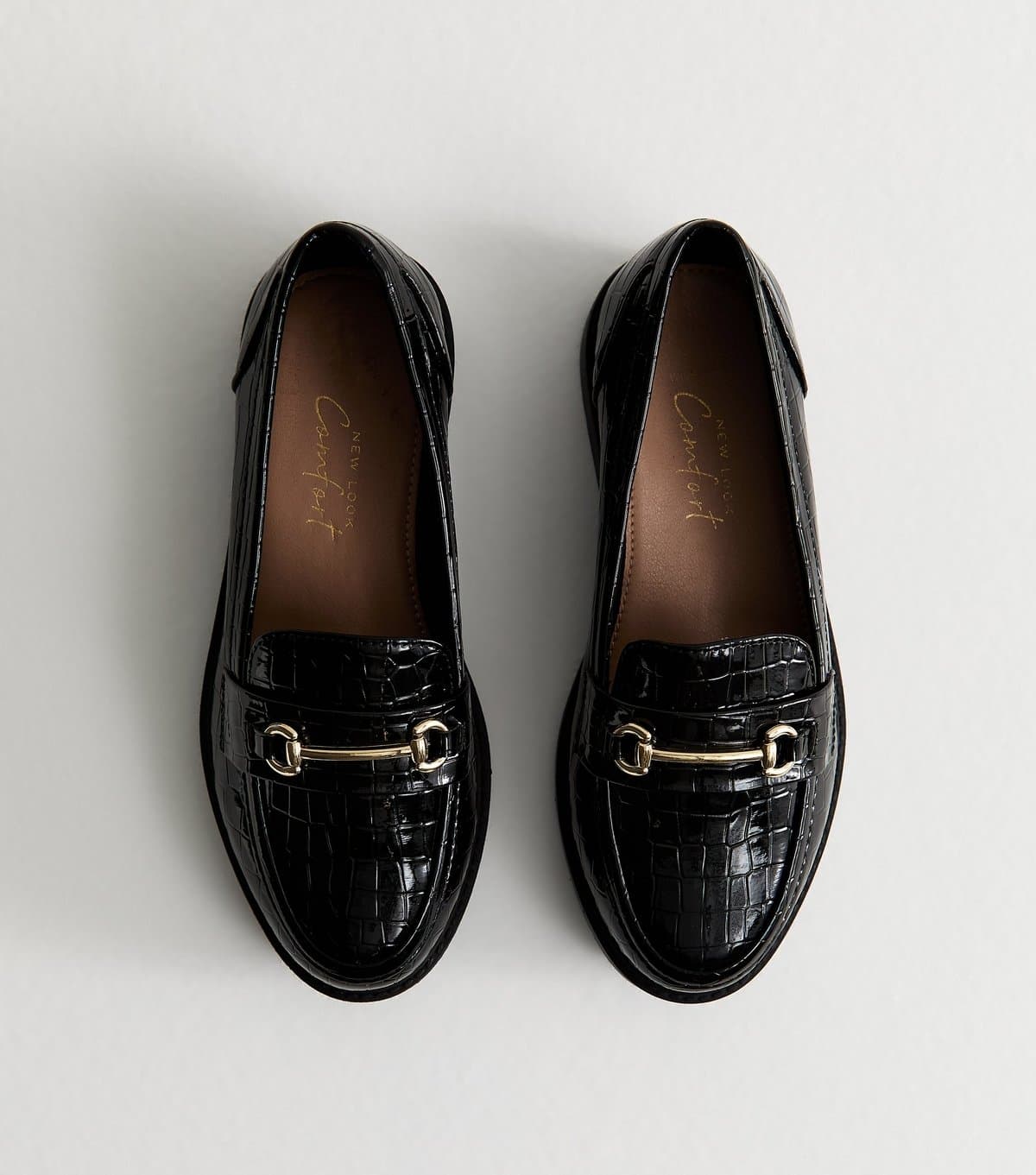 New Look Women's Wide Fit Black Faux Leather Platform Croc Loafer New Look
