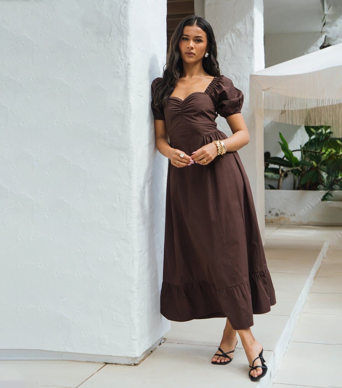 Gini London Women's Dark Brown Puff Sleeves Midi Dress Gini London New Look