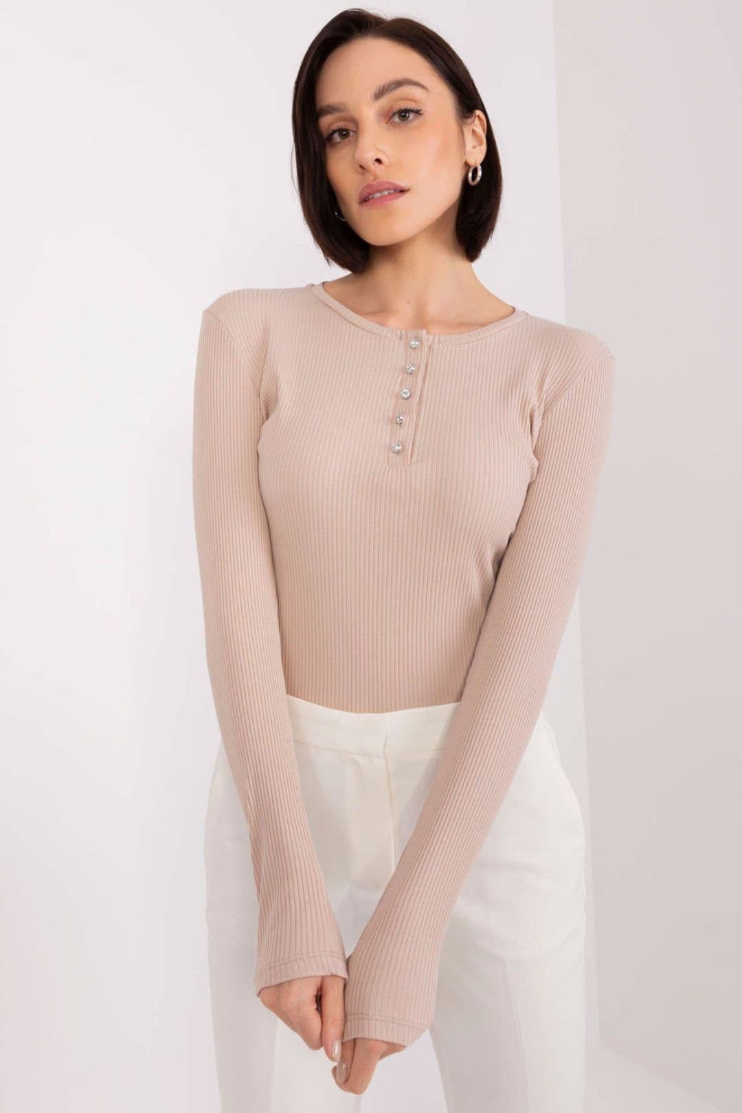 Love Lace Love Lace Beige Cotton Striped Fitted Blouse with Zircon Buttons