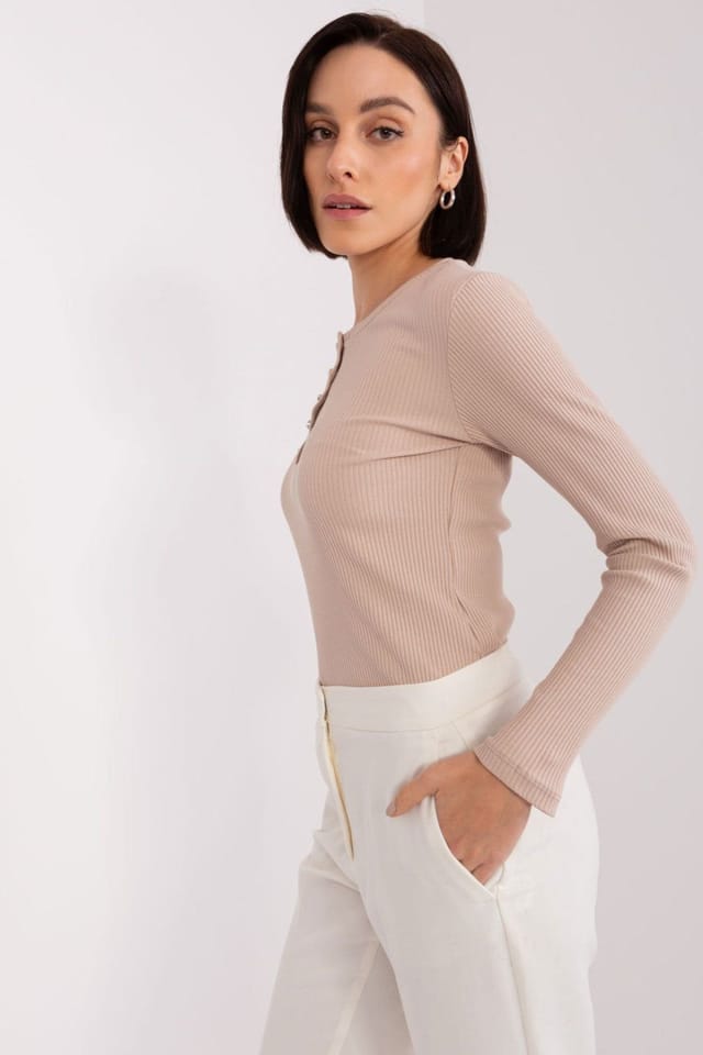 Love Lace Love Lace Women's Cotton Striped Fitted Blouse with Zircon Buttons in Beige - 3
