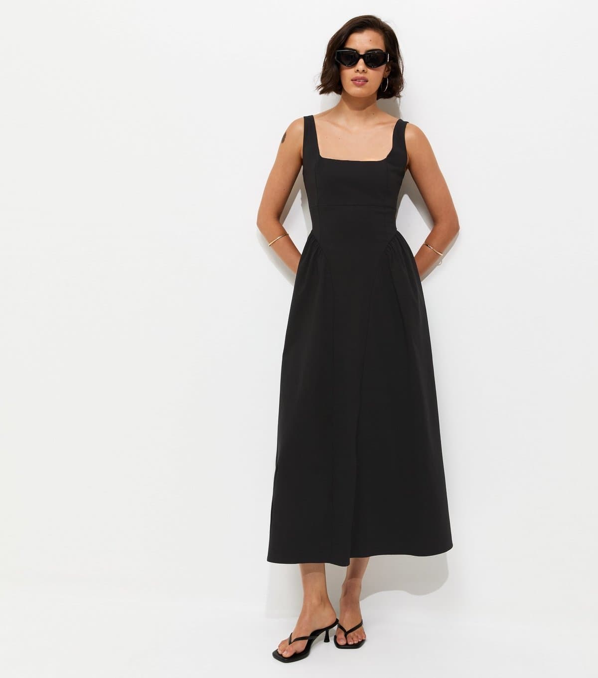 New Look Women's Black Square Neck Gathered Hips Midi Dress New Look