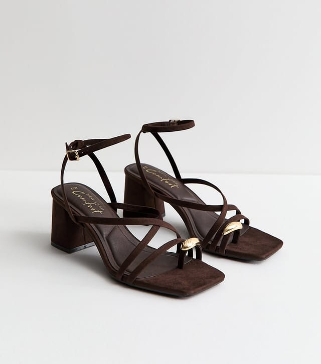 New Look Women's Dark Brown Faux Suede Metal Toe Loop Block Heel Sandals Vegan New Look - 2