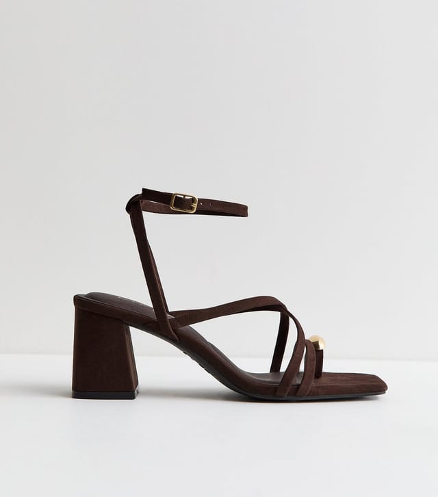 New Look Women's Dark Brown Faux Suede Metal Toe Loop Block Heel Sandals Vegan New Look - 3