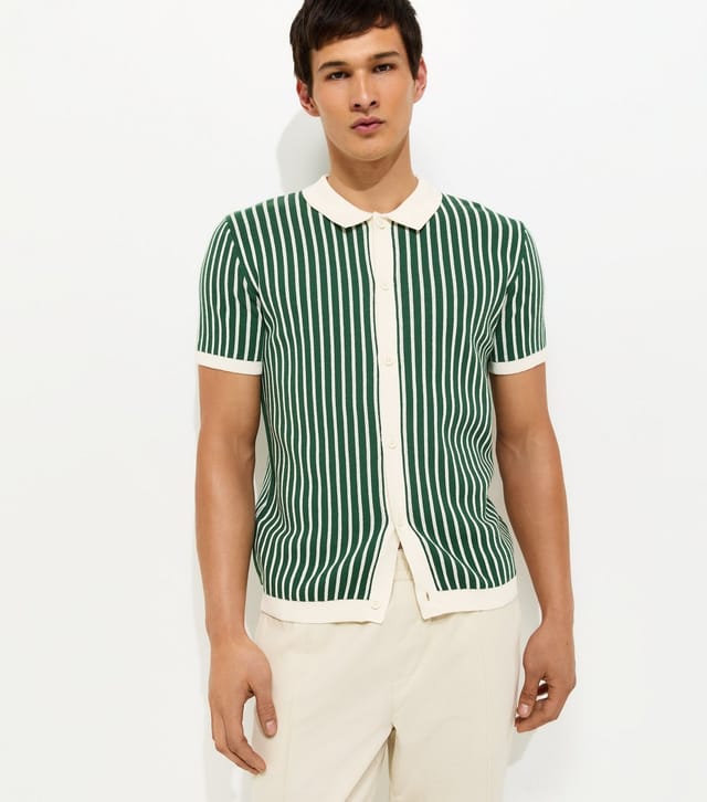 New Look Men's Green Regular Striped Short Sleeve Polo Top New Look - 2