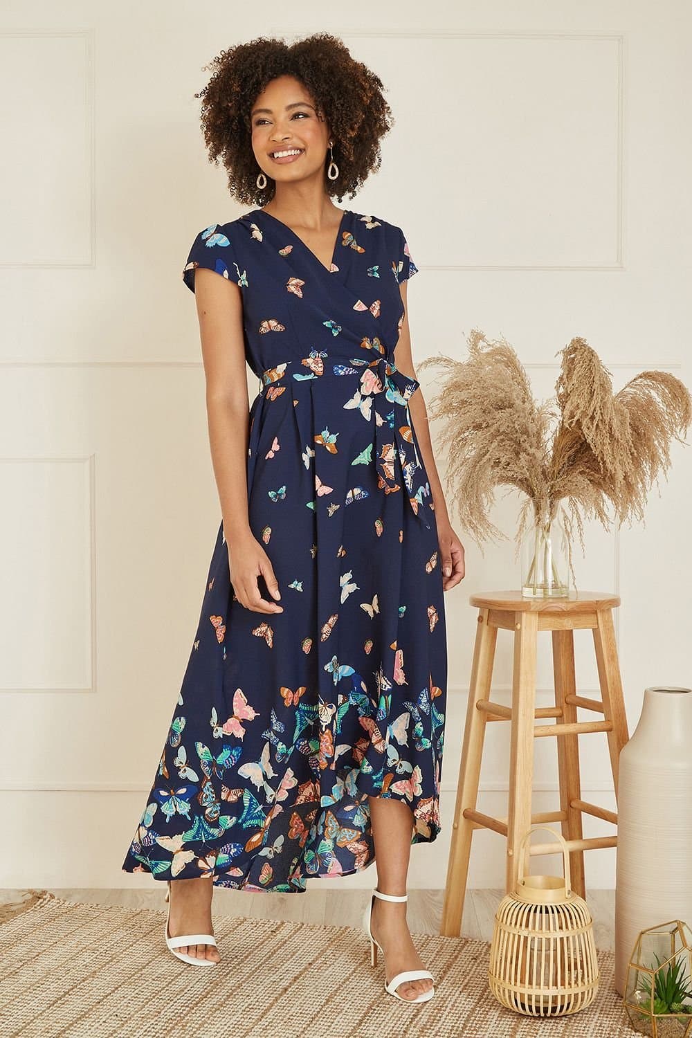 Yumi Yumi Women's Navy Butterfly Print Dip Hem Midi Wrap Dress
