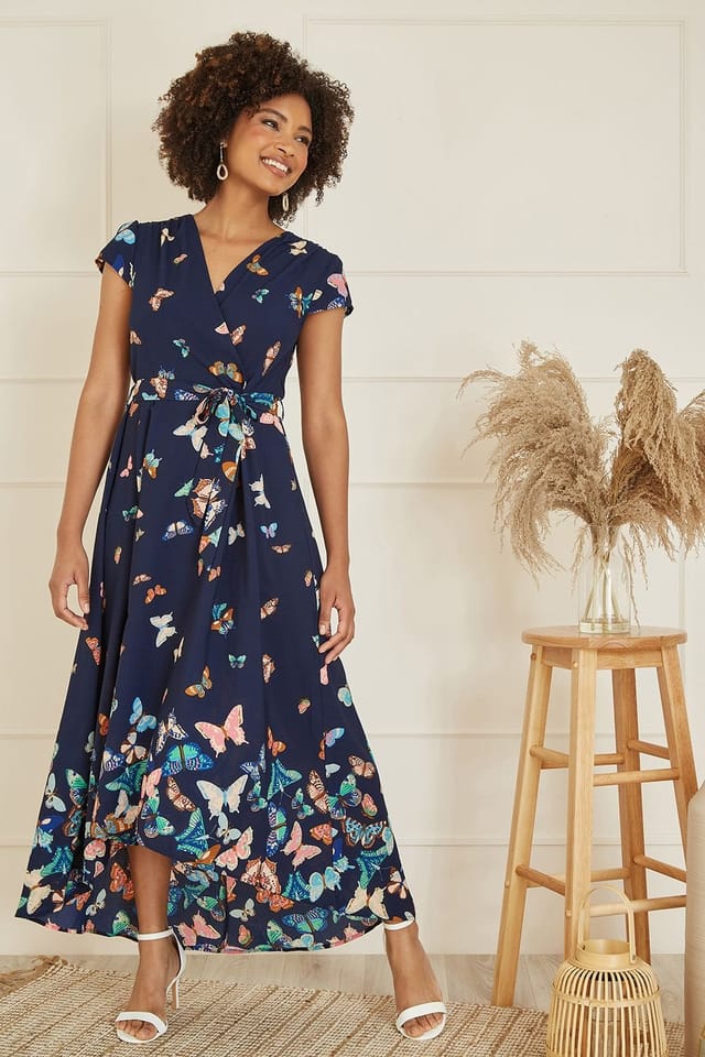 Yumi Yumi Women's Navy Butterfly Print Dip Hem Midi Wrap Dress - 3