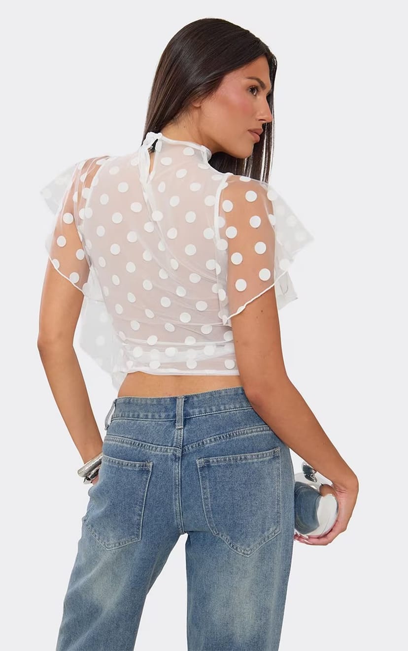 EGO Short Floaty Sleeve Fitted Top In White Polka Dot, Women's Size UK 6 - 1