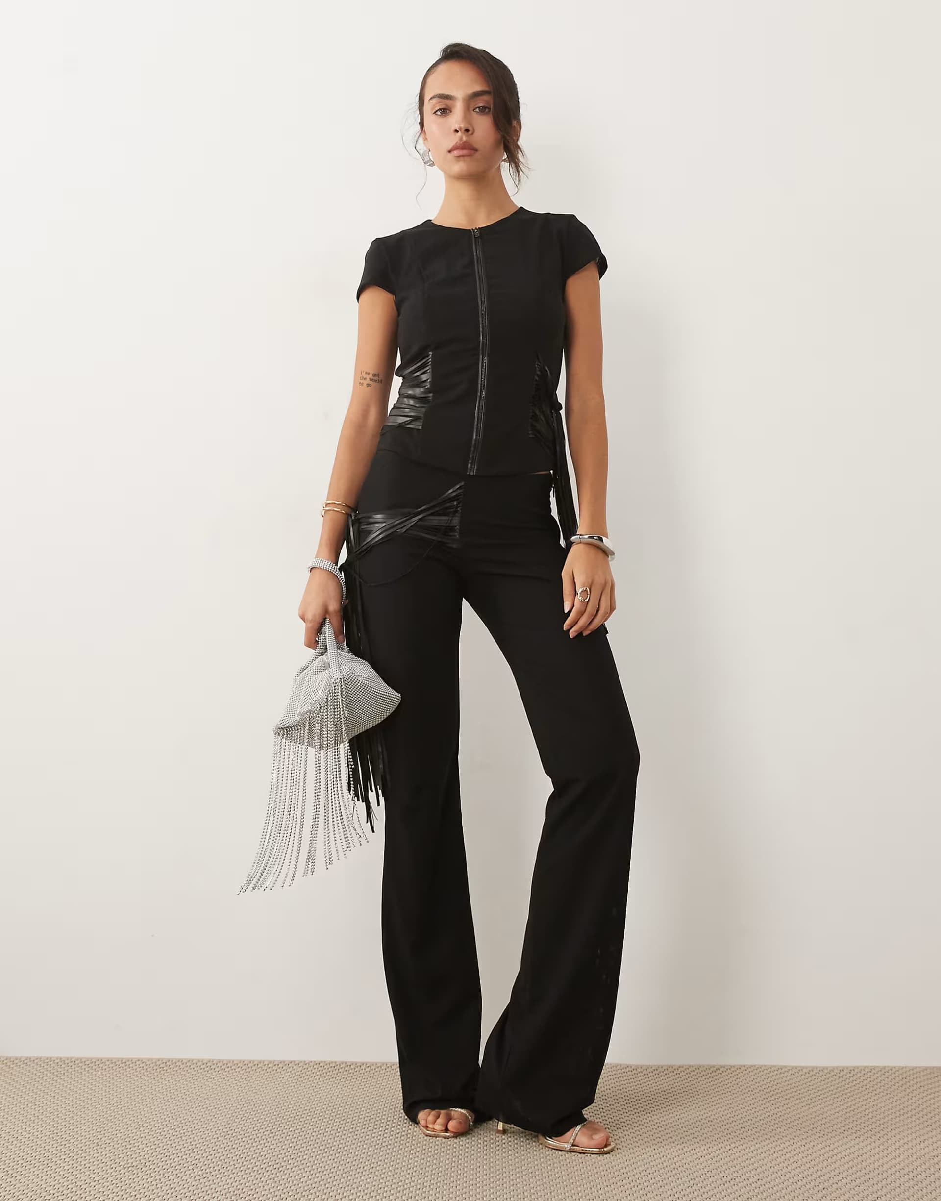 ASOS I.AM.GIA Iselda sculpting mesh faux leather fringe detail zip through crop top and trousers co-ord in black