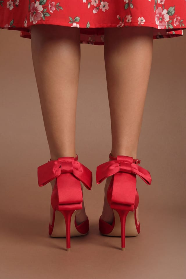 Coast Coast Women's Kittie Satin Bow Pointed High Stiletto Heel Comfort Sock Court Shoes in Flame Red - 2
