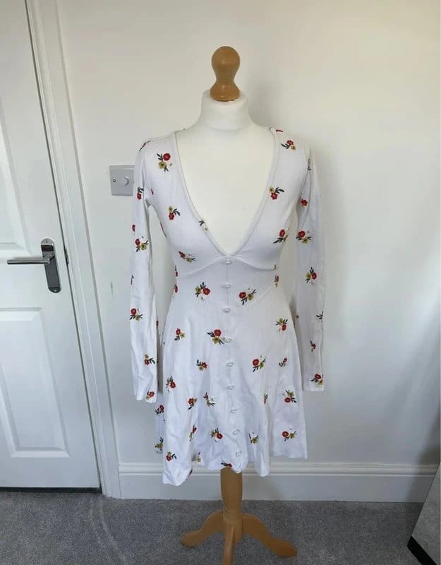 ASOS White Floral Embroidered Flared Sleeve Boho Dress