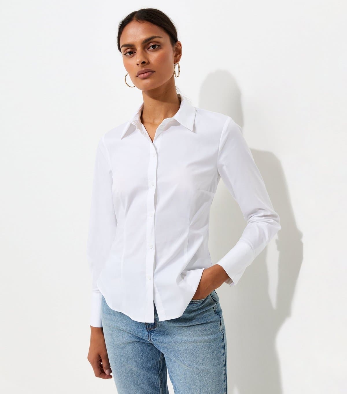 New Look Women's White Cotton Rich Slim Long Sleeve Shirt New Look