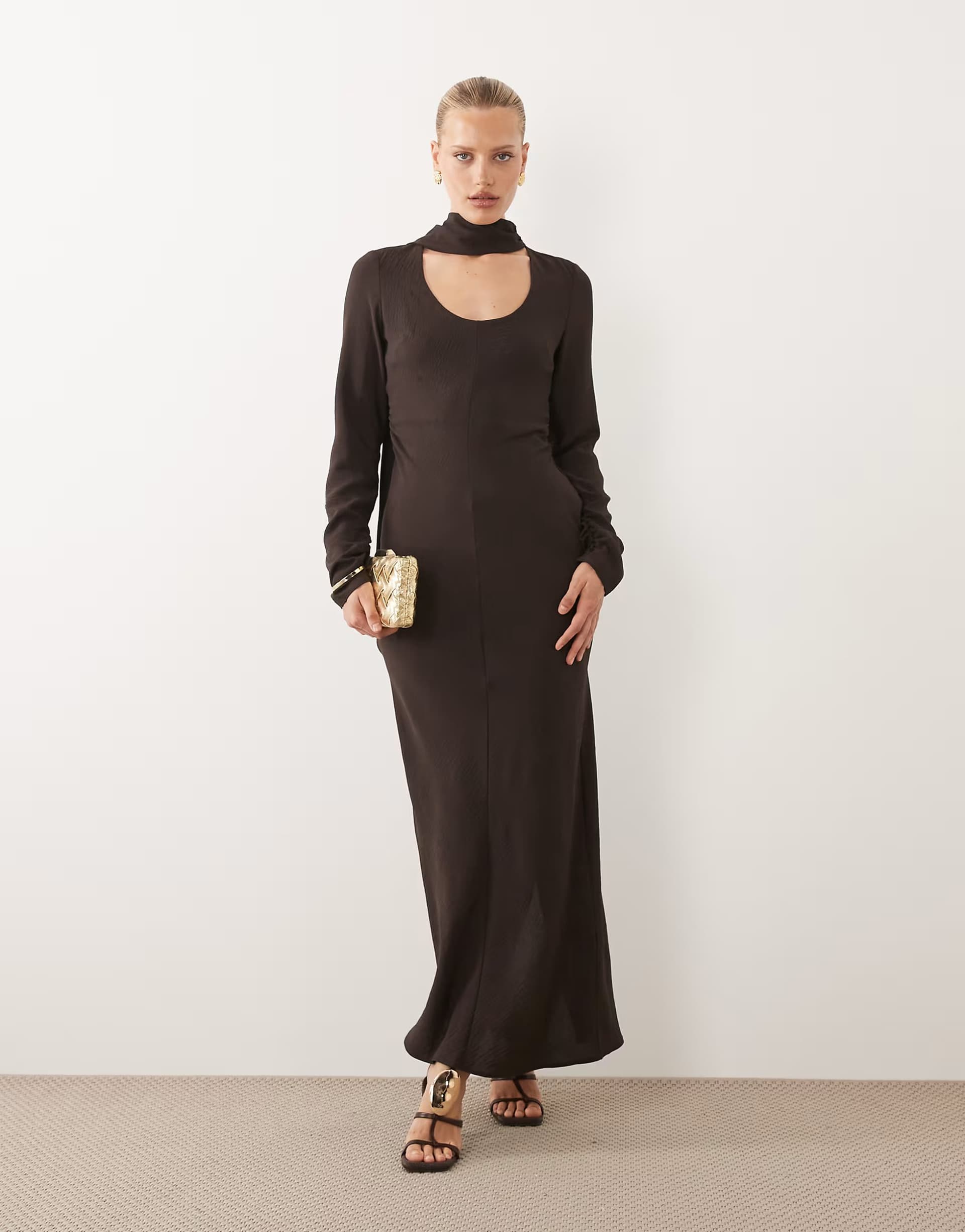 ASOS ASOS DESIGN long sleeve scoop neck maxi dress with scarf in chocolate brown