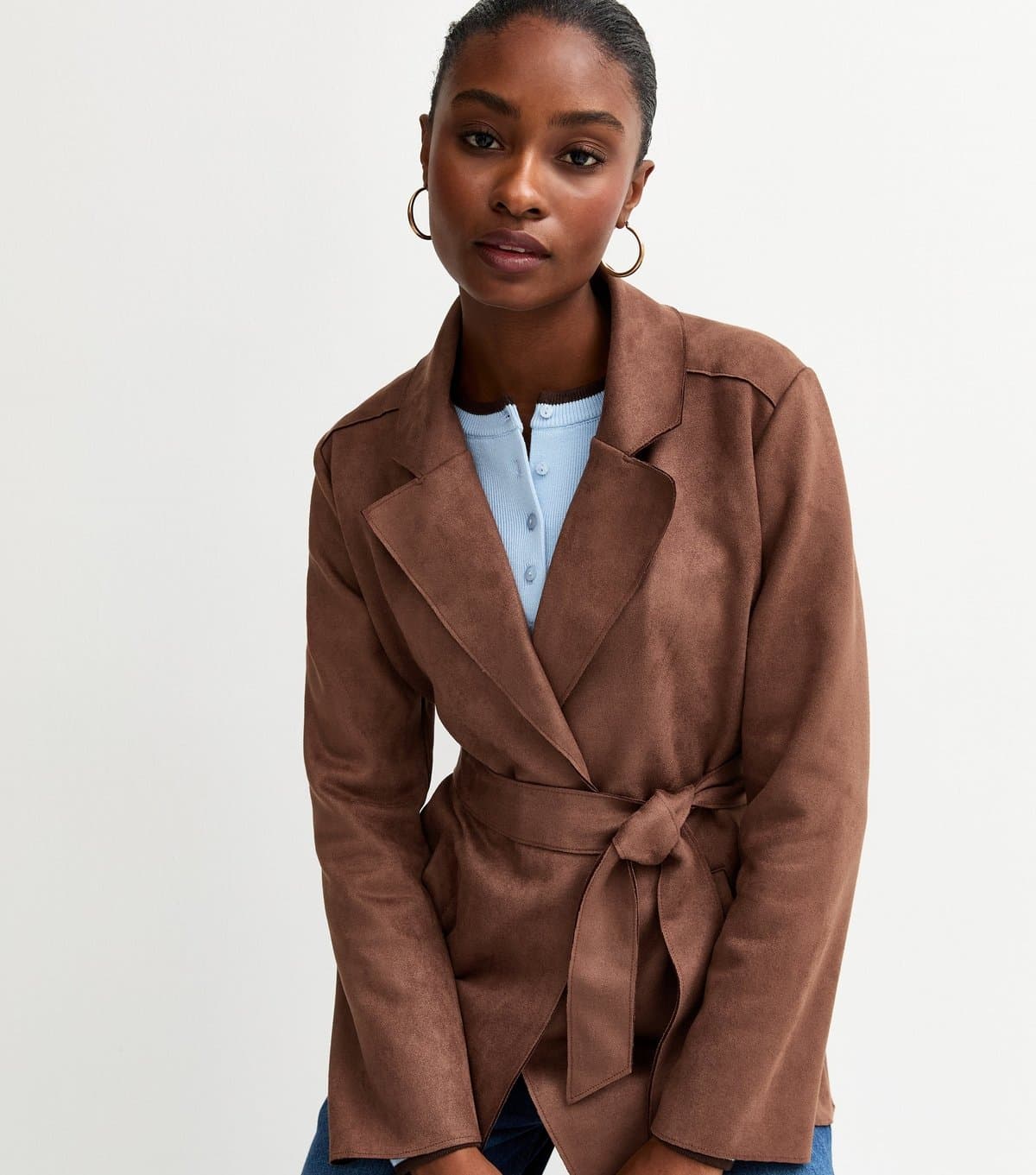 New Look Women's Dark Brown Faux Suede Belted Jacket New Look