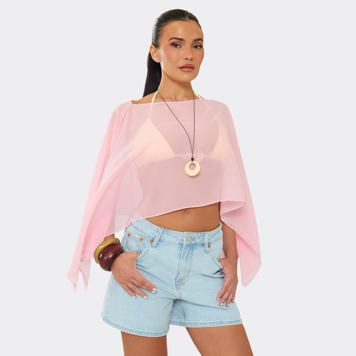 EGO Cape Crop Top In Light Pink Chiffon, Women's Size UK One Size - 1