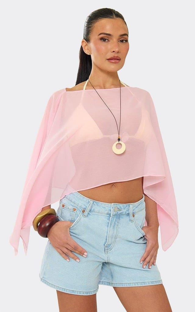 EGO Cape Crop Top In Light Pink Chiffon, Women's Size UK One Size - 2