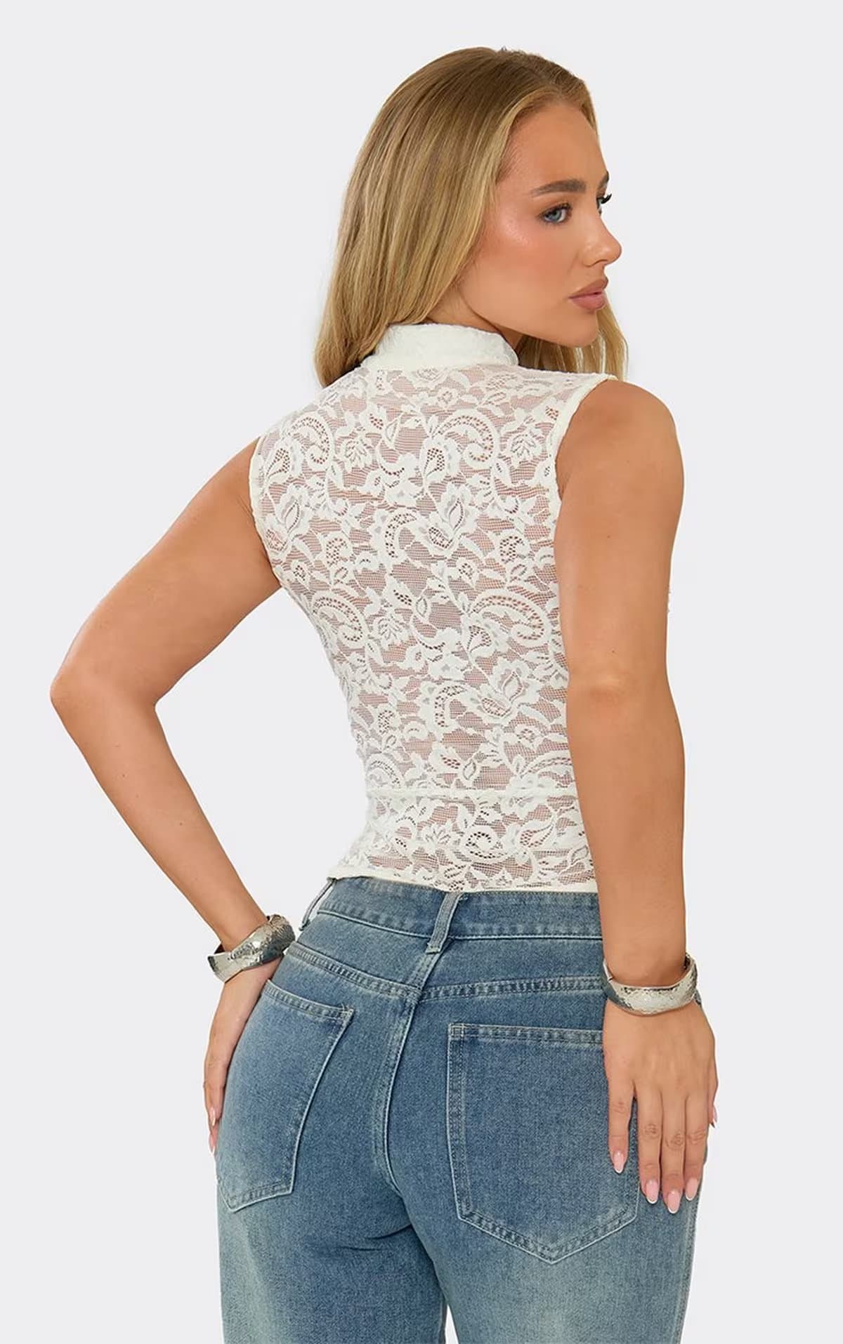 EGO Military Button Detail Top In White Lace, Women's Size UK S/M