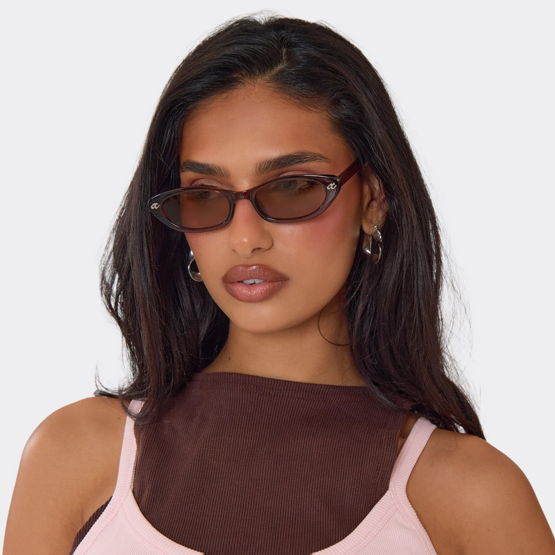 EGO Cateye Shaped Tinted Lense Thin Framed Sunglasses In Brown, Women's Size UK 0