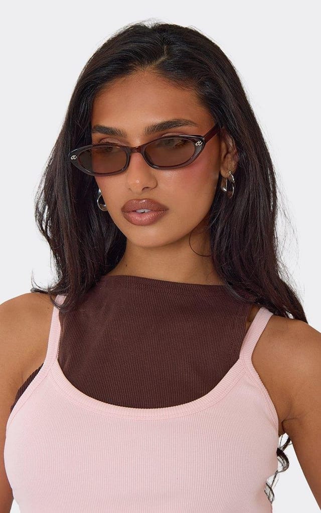 EGO Cateye Shaped Tinted Lense Thin Framed Sunglasses In Brown, Women's Size UK 0 - 2