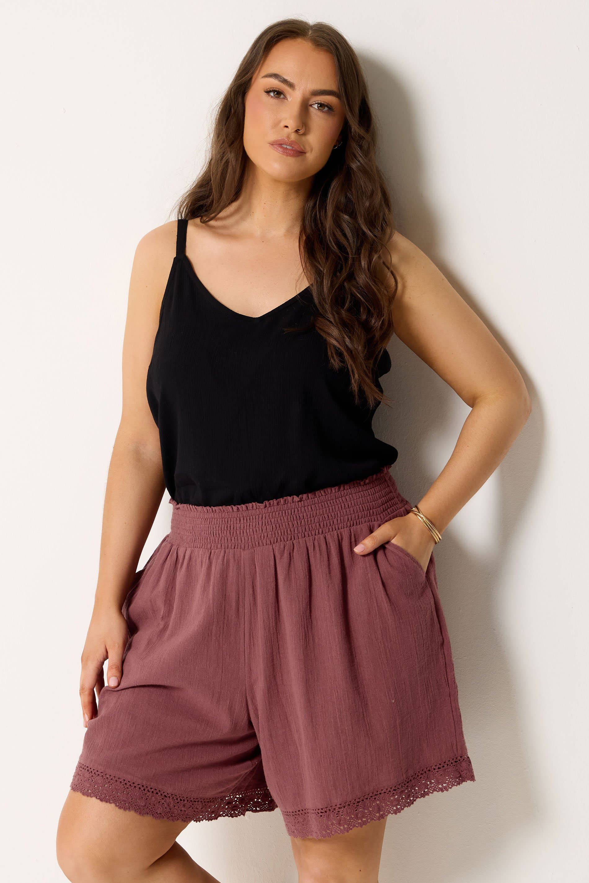 Yours Plus Size Pink Crochet Shirred Shorts