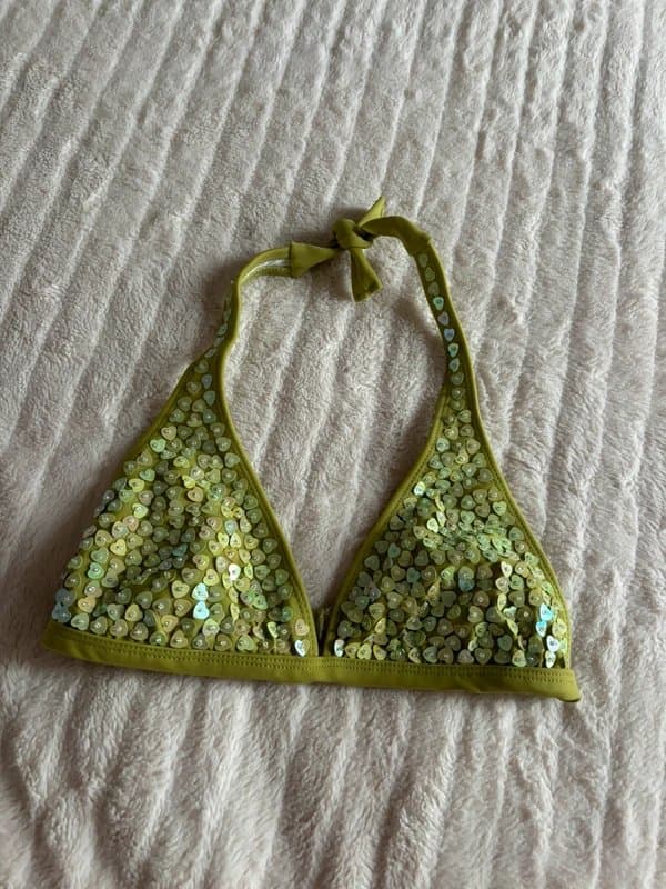 Vintage Dressing Vintage Y2K Lime Green Sequined Heart Bikini Top | XS/S