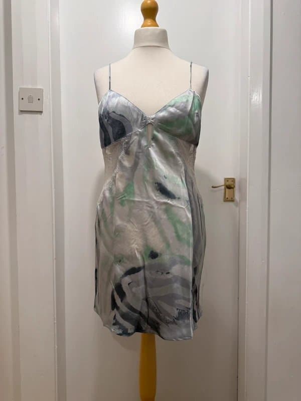 ASOS Design ASOS Design Satin Slip Dress, Lace Trim, Abstract Print Mini Dress - Size UK 16
