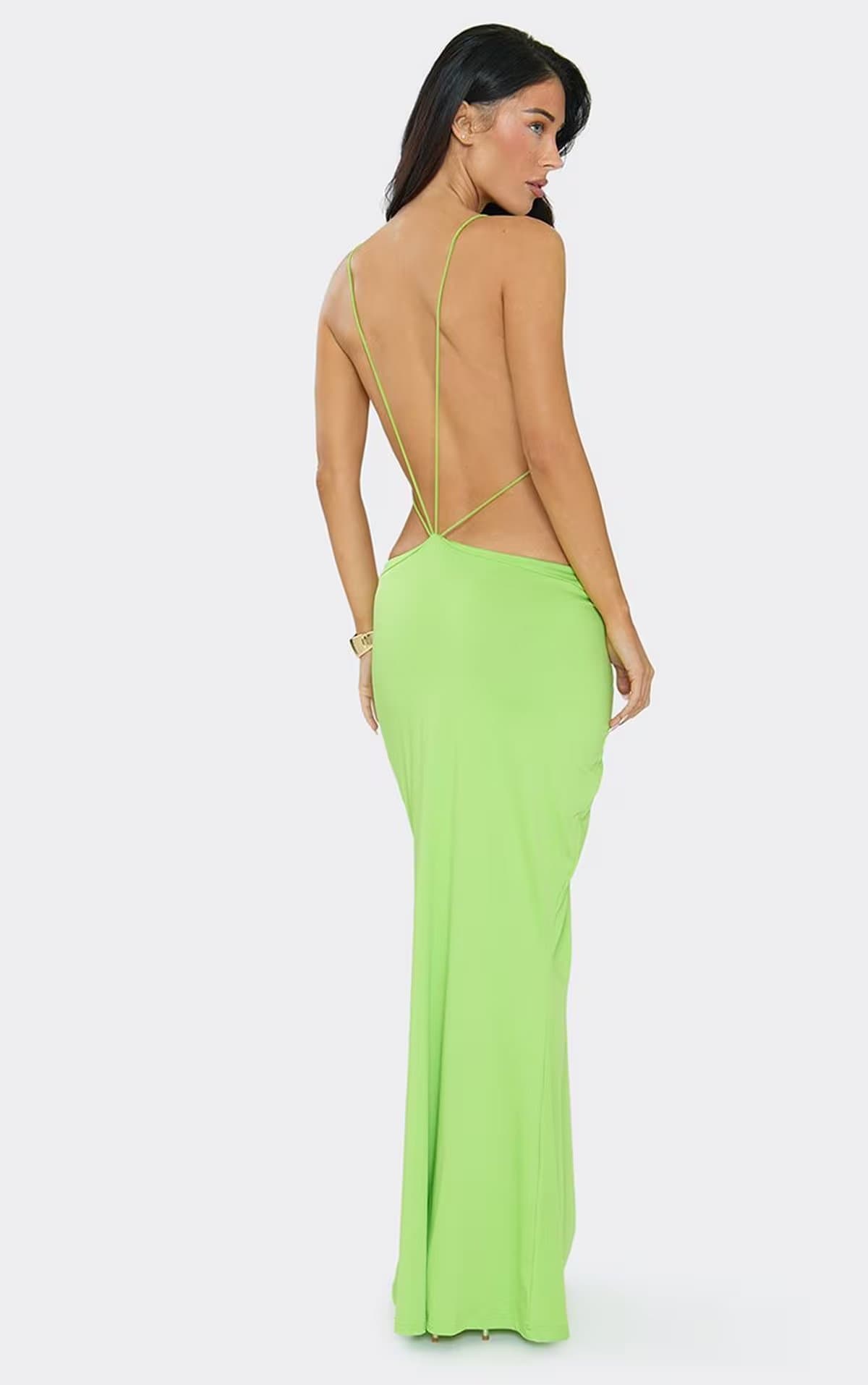 EGO Strappy Open Back Detail Cut Out Maxi Dress In Green Slinky., Women's Size UK S