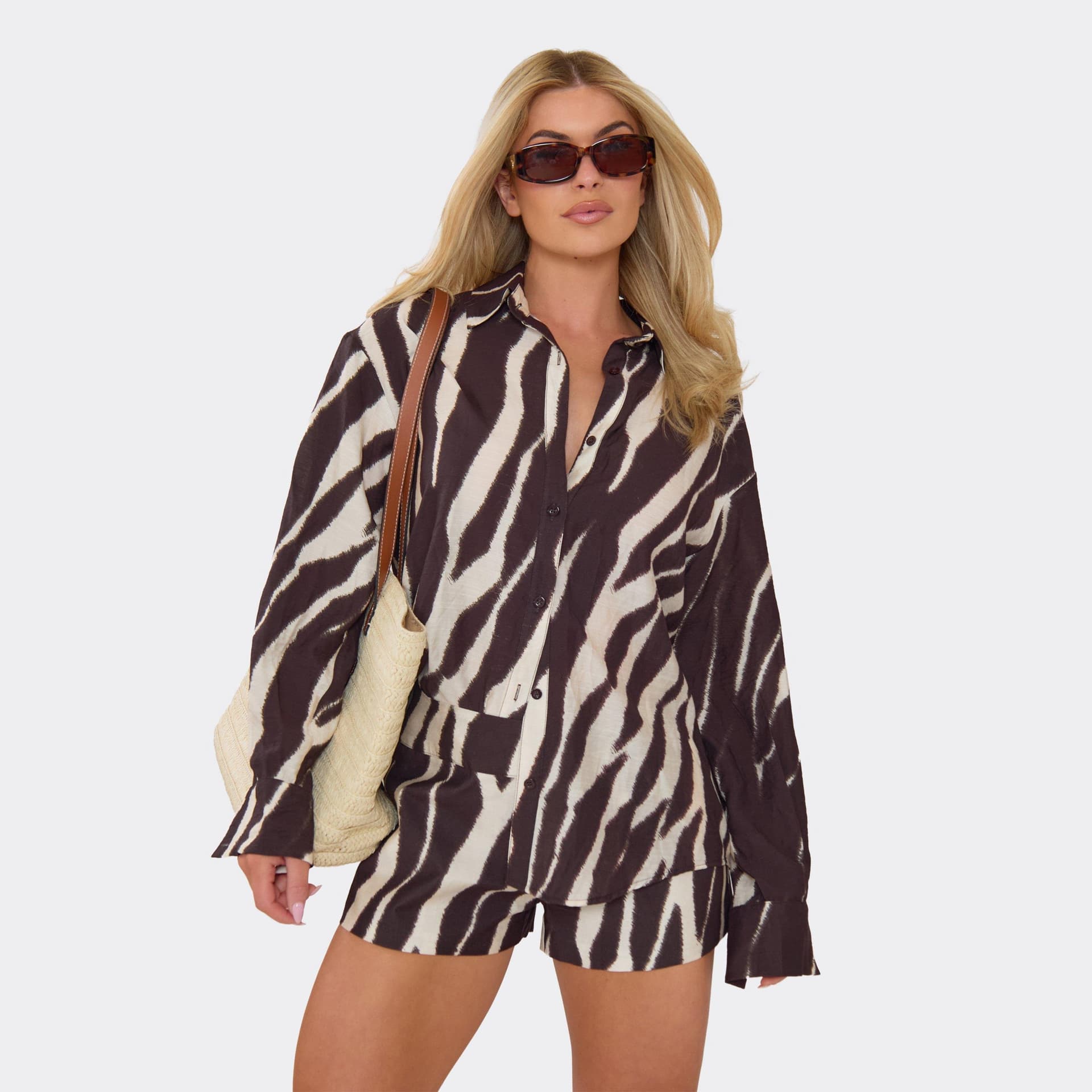 EGO Long Sleeve Oversized Shirt In Brown Zebra Print, Women's Size UK 6