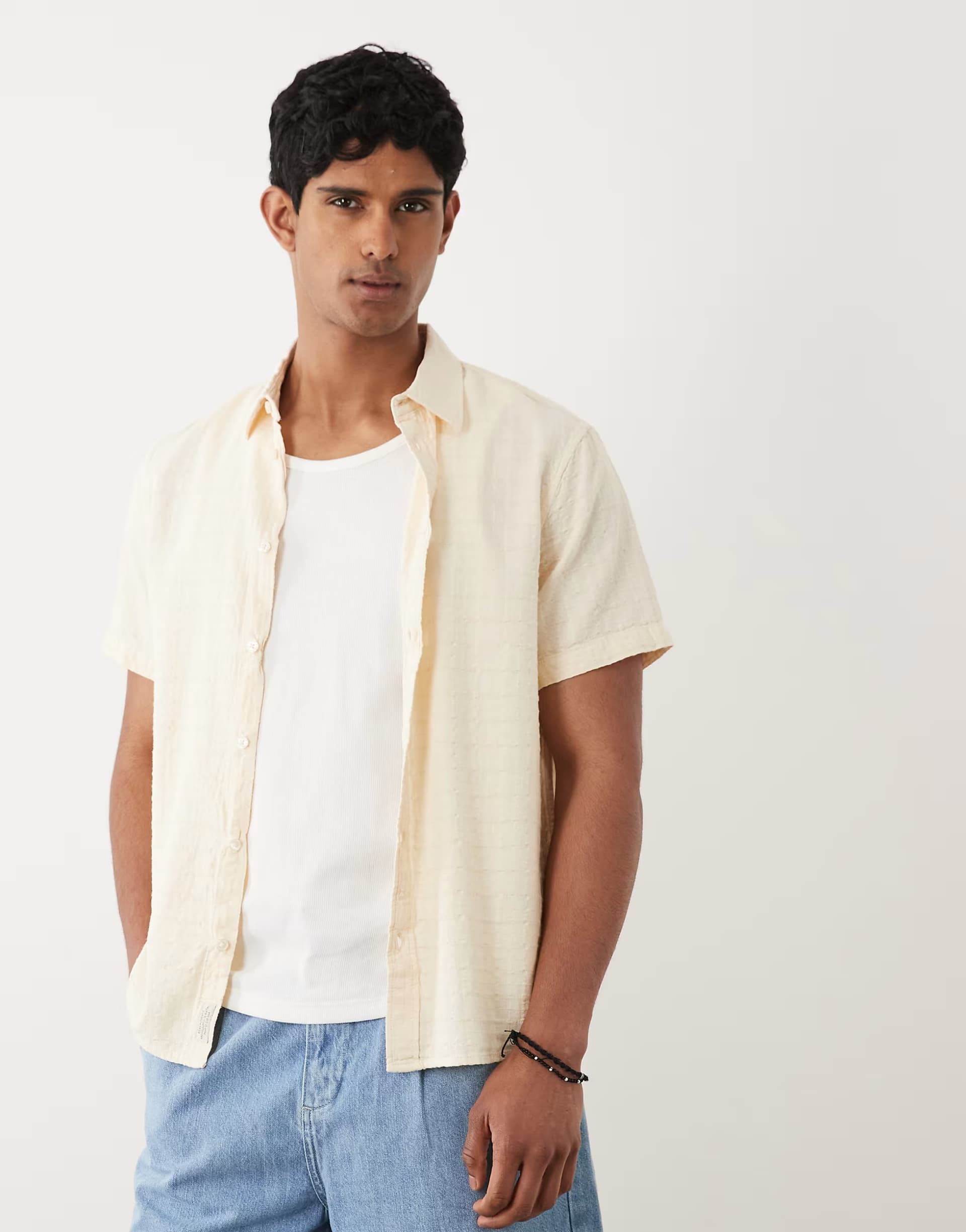 ASOS BLEND 100% cotton seersucker regular fit shirt in bleached sand