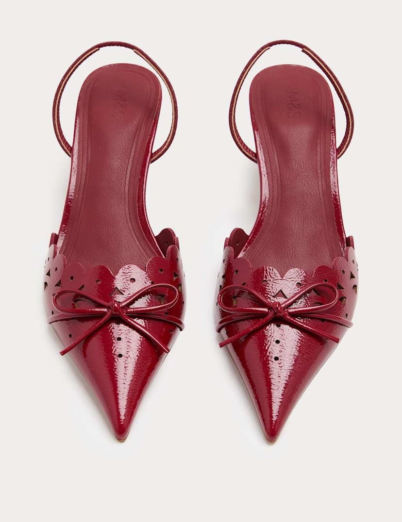 Marks & Spencer M&S Patent Bow Cut Out Kitten Heel Pointed Slingback Shoes Red - 1