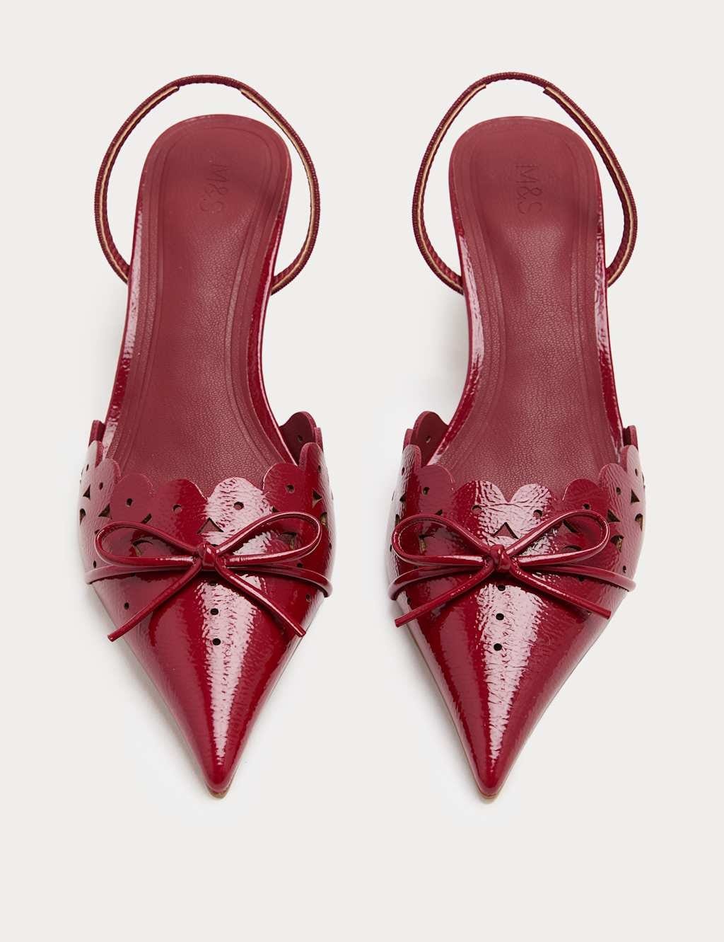 Marks & Spencer M&S Patent Bow Cut Out Kitten Heel Pointed Slingback Shoes Red - 1