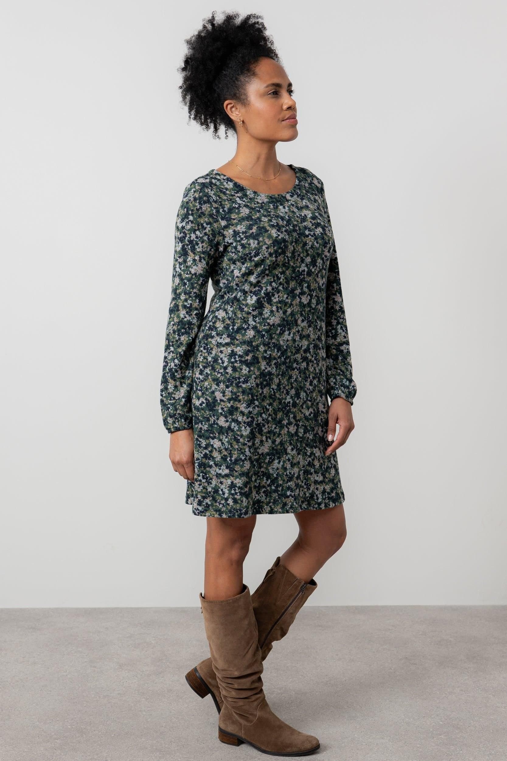 Lily & Me Lily & Me Women's Spruce Ditsy Print Boat Neck Swing Dress with Full length sleeves in Green